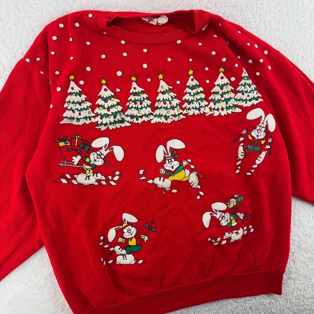 vtg RABBIT WINTER SKI JANE COLBY CREWNECK SWEATSHIRT‎ MEDIUM christmas cartoon